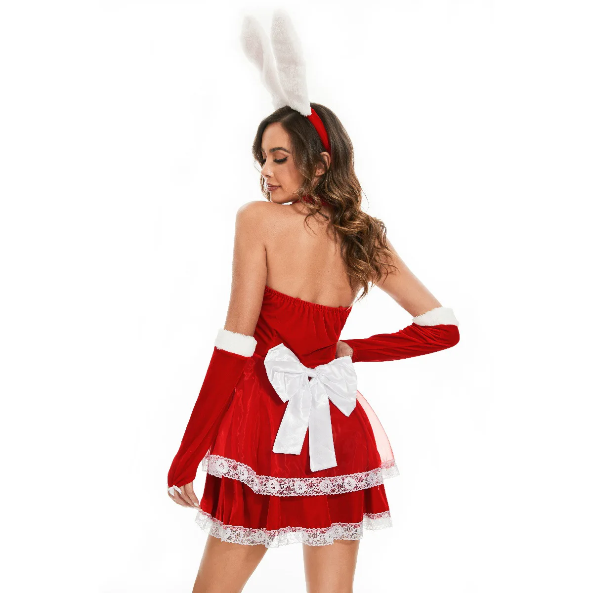 Costume cosplay da elfo di Natale da donna Abito da coniglietto Abito carino senza spalline Cappello da Babbo Natale Set Abiti da festa di Capodanno