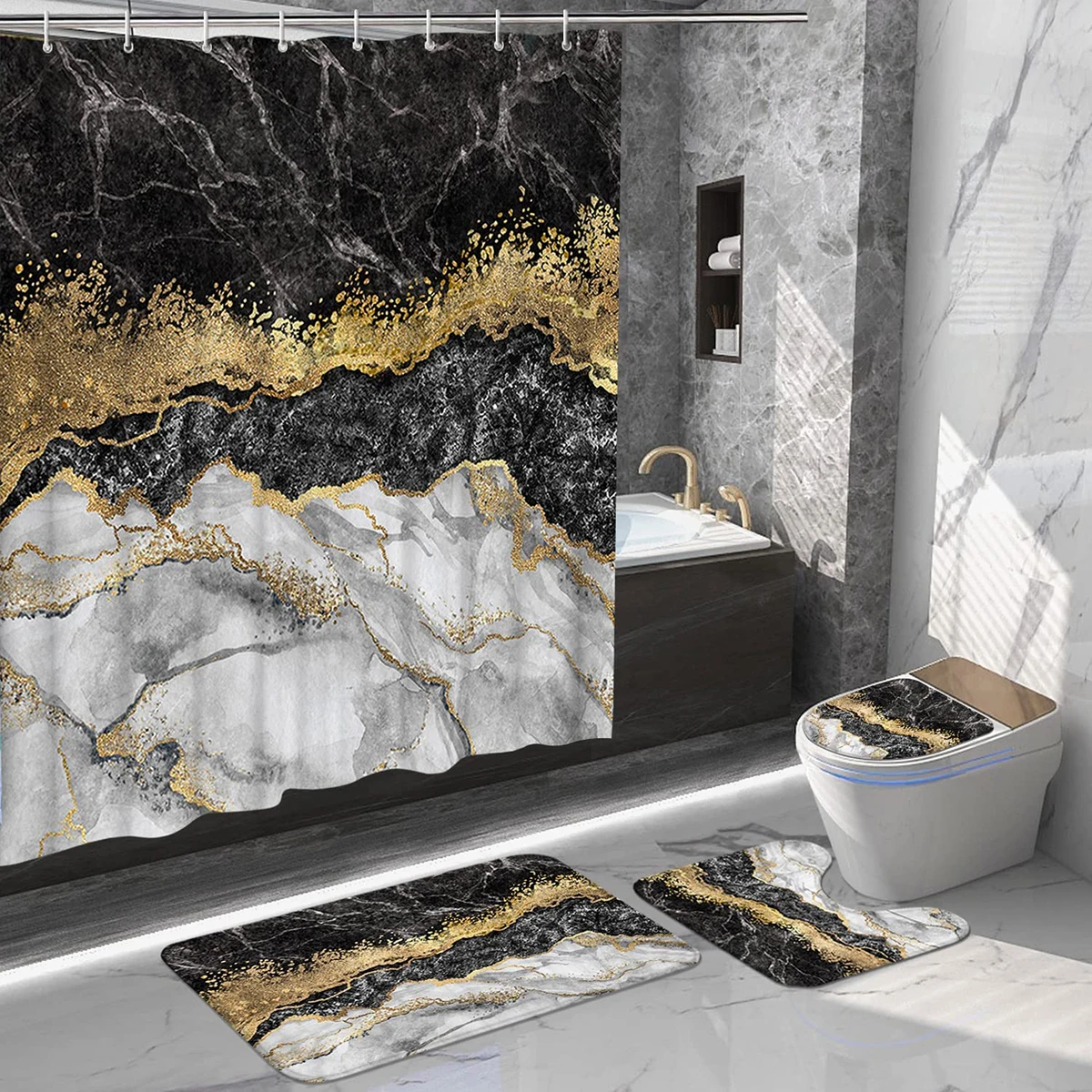 

4Pcs Marble Shower Curtain Sets, Bathroom Decor Luxury with 12 Hooks,Bath Mat,Toilet Lid Rug Non-Slip U Shape Mat Accessories