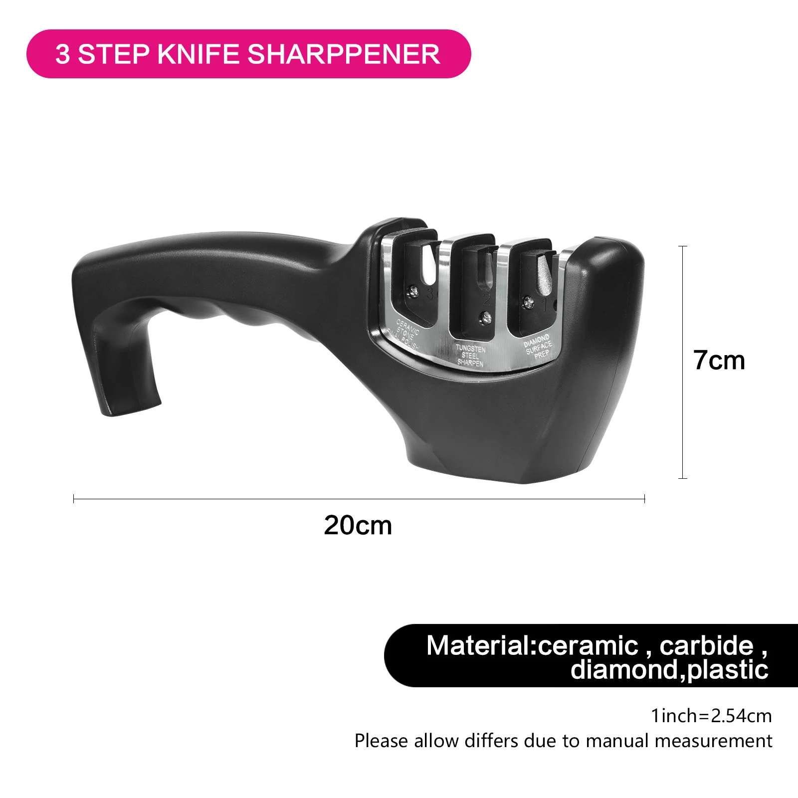 Black 21cm Knife Sharpener - Three-Step Sharpening System Kitchen Tool for Quick Dull Knife Restoration
