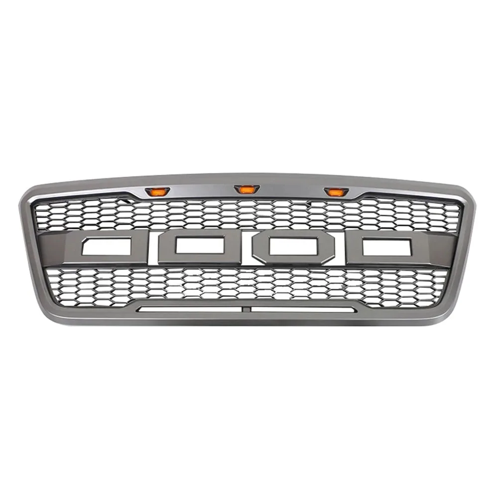 Modified Raptor Style Grey ABS Front Grill Bumper Hood Mesh Grille with Amber LED Lights And+Letters For Ford F150 2004-2008