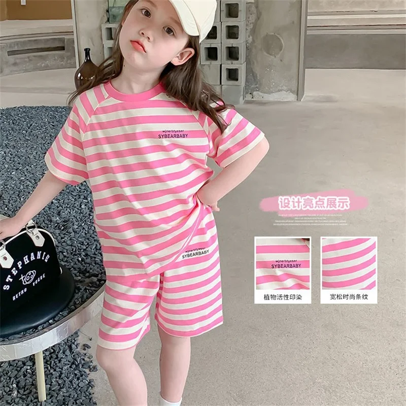 Girls Striped Casual Sets Kids Summer Loose Fashion Suits Children Short Sleeves Trends Top+Shotrs 2Pcs Outfits Teenager Clothes