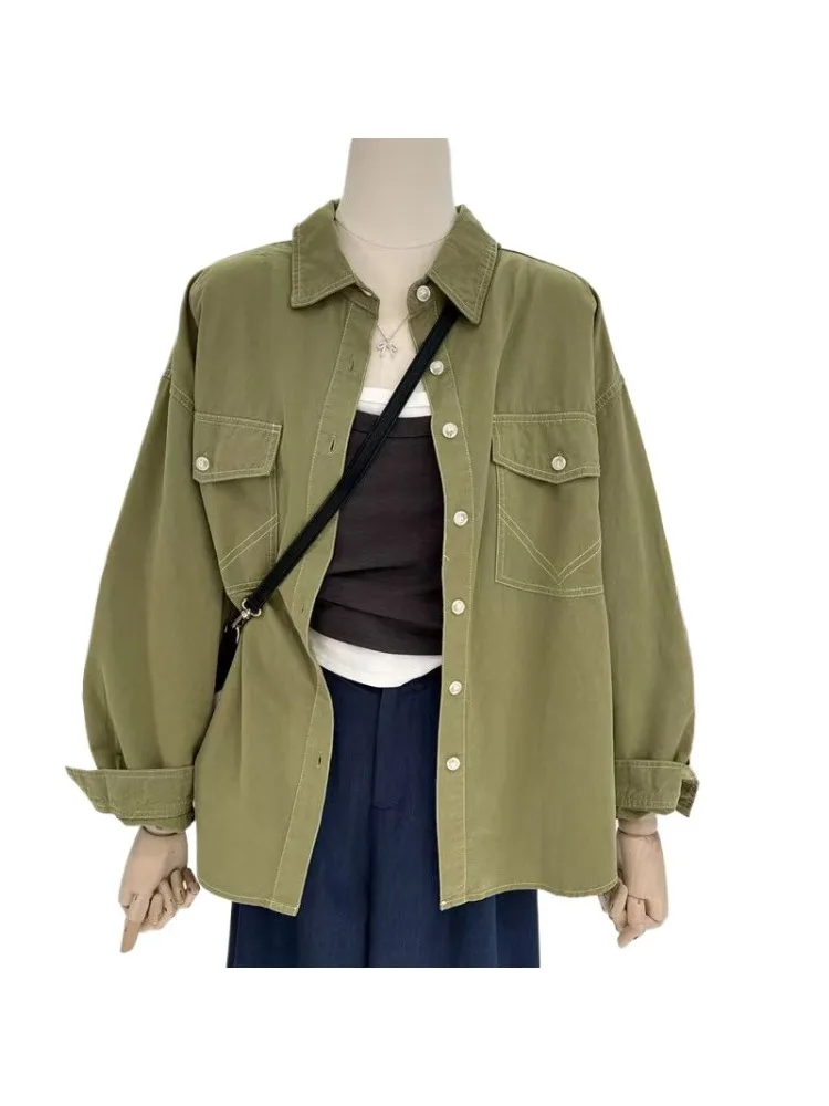 

Spring Autumn Women's Green Button Down Shirt Casual Loose Fit Long Sleeve Blouse Fashion Solid Shirt Top Chic
