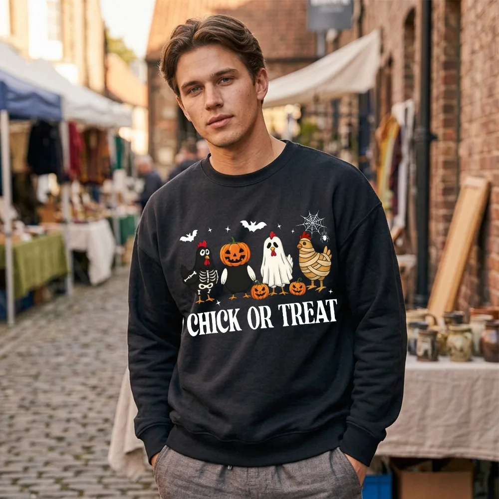 Halloween Chick or Treat Couples Sweatshirt Funny Mummy Chicken Pumpkin Graphic Unisex O-neck Pullover Casual Tops Hoodies Women