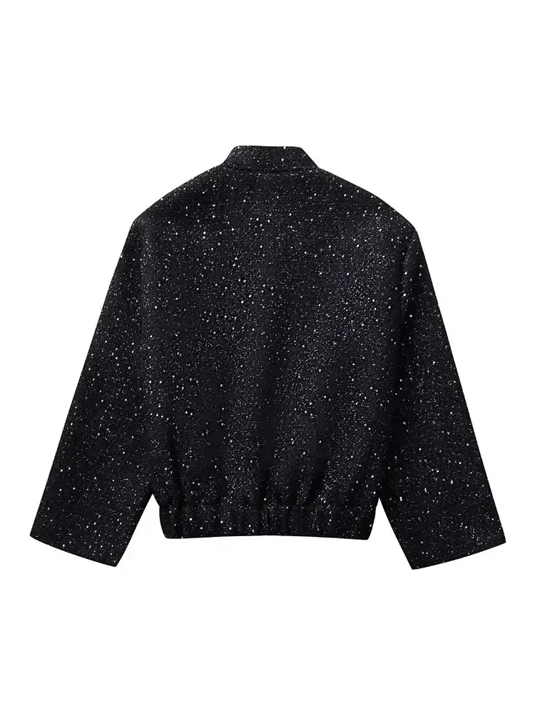 Women Shiny Sequin Jacket Y2k Gold Color Stand Collar Long Sleeve Short Coat Autumn Winter Ladies High Streetwear