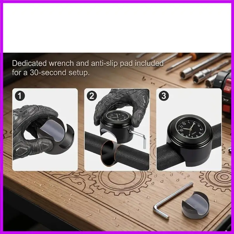 R9CC Round Handlebar Clock for Bikes and Motorcycles, Black Metal Analog Timepiece with Screw Tight Bar Bracket for 7/8 to 1