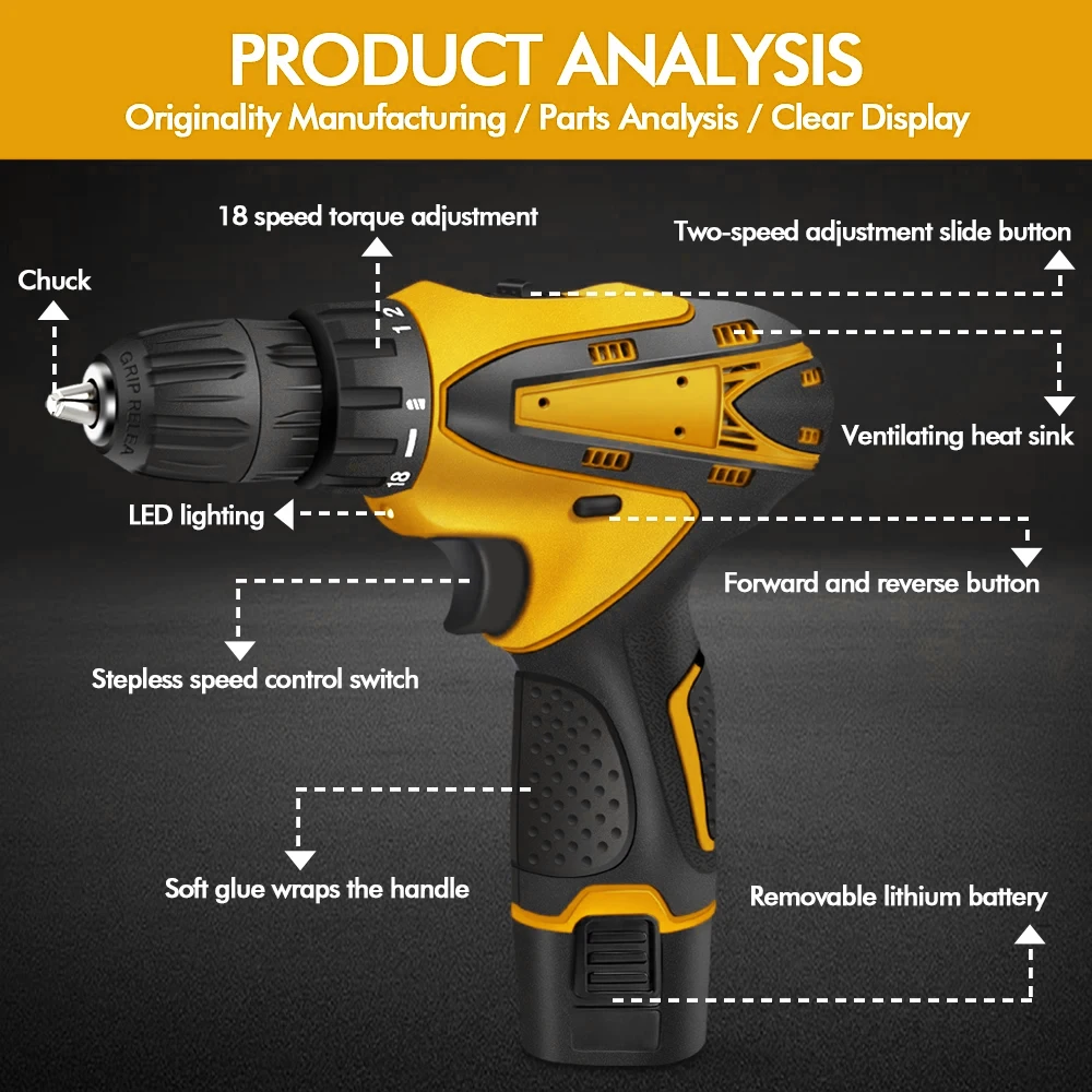 12V Cordless Drill Rechargeable Electric Screwdriver Max 3/8'' Chuck 18+1 Torque Mini Handheld Drill 2 Speed Power Tools