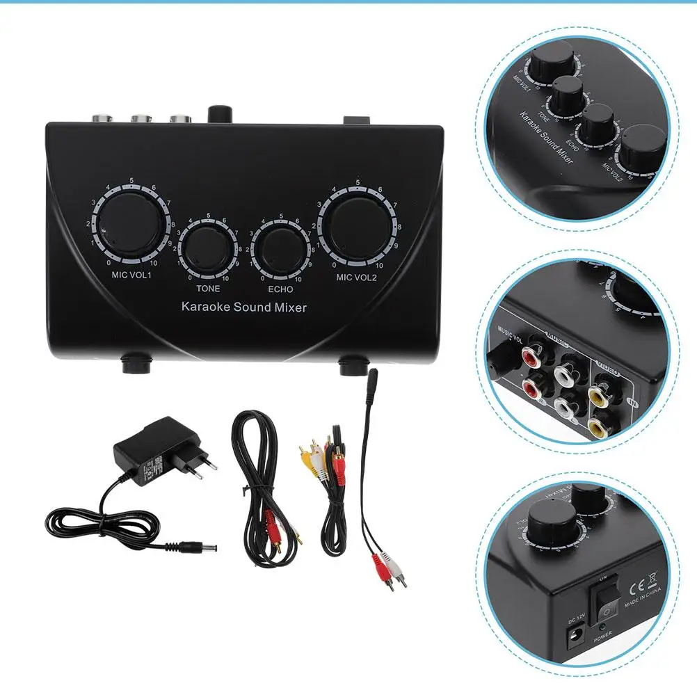 Mezclador de Karaoke profesional con entradas de micrófono duales de 1080P con Cable adaptador de corriente con perilla de tono de alta calidad y bajo ruido negro