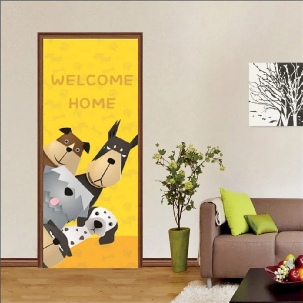 Cartoon Animal Yellow Door Stickers Cute Dog Wallpaper Self-Adhesive PVC Mural Pet Puppy Kids Bedroom Decor Wall Poster Decal