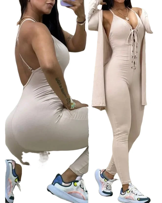 Two Piece Set for Women 2023 Autumn New Daily Casual Solid Colors Eyelet Lace-Up Crisscross Backless Jumpsuit & Coat Set