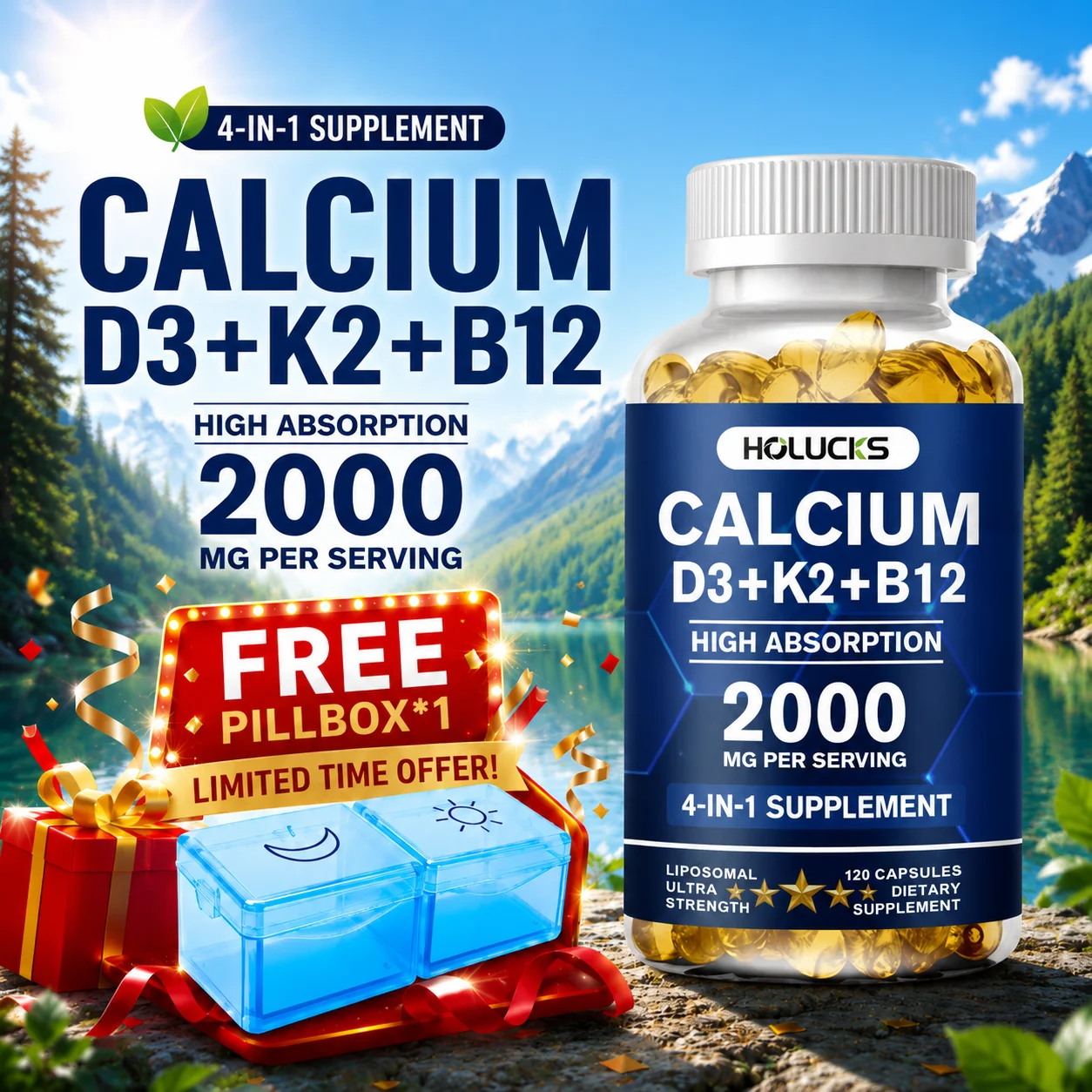 4-in-1 Calcium Complex Supplement, with Vitamin K2 & B12, Boost Immunity, Nerve Wellness & Joint Comfort