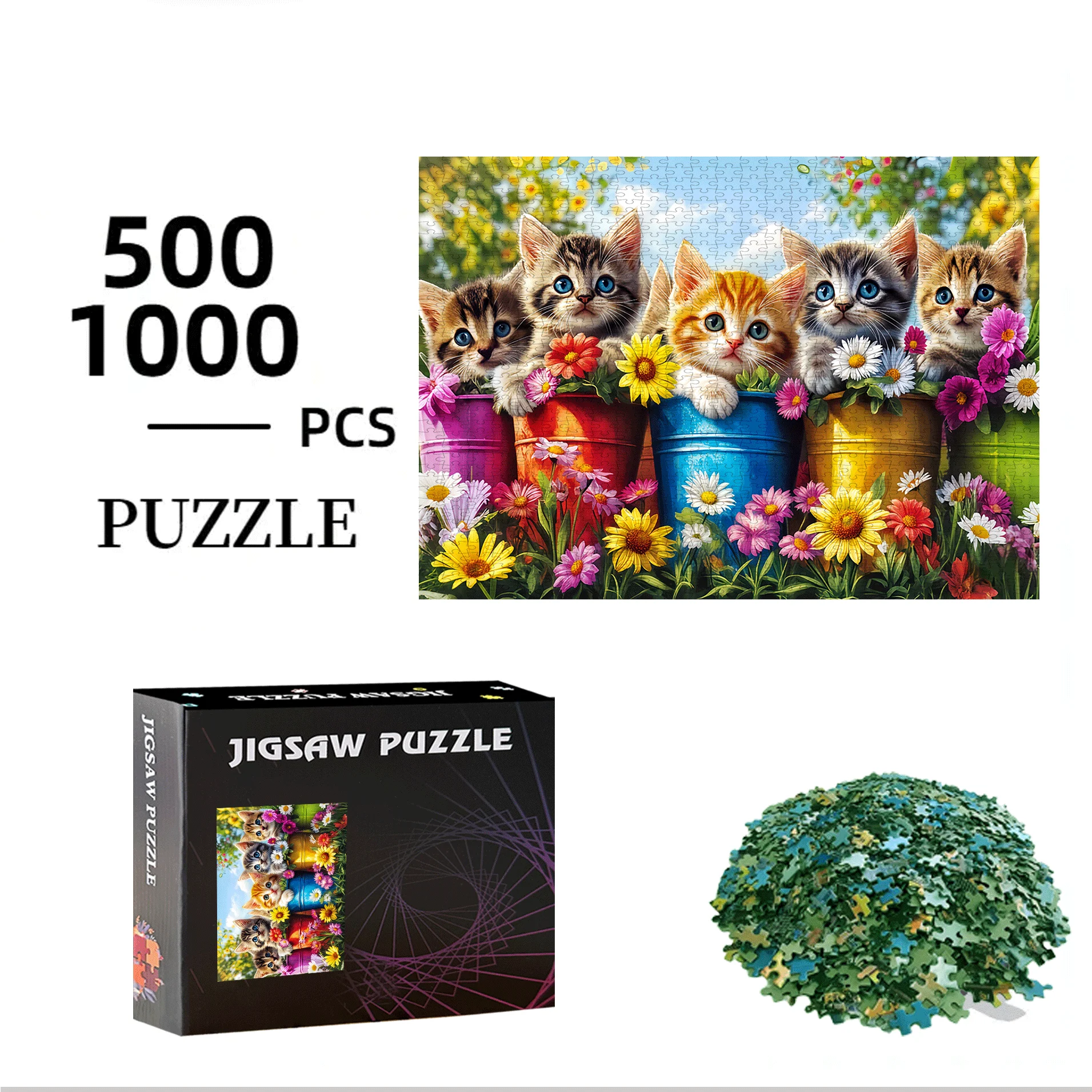 500/1000pcs Jigsaw Puzzle with Cute Kittens & Floral - Challenging Large Jigsaw Puzzle for Adults & Families, Vibrant Colors,