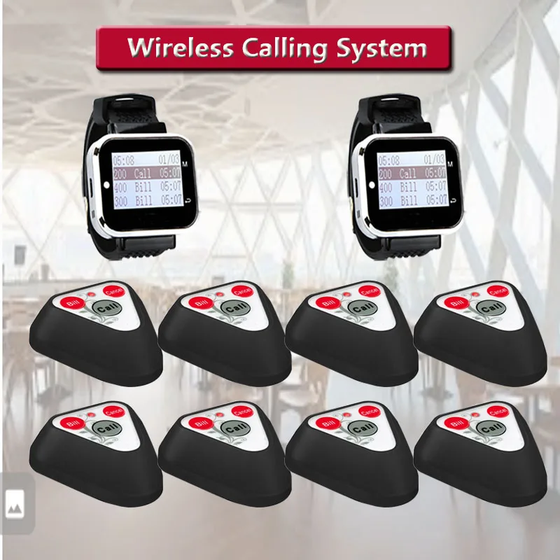 QWICALL Hotel Factory Wireless Calling System 8 Buttons 2 Watch Pager For Restaurant, Cafe, Bar, Hospital Equipment