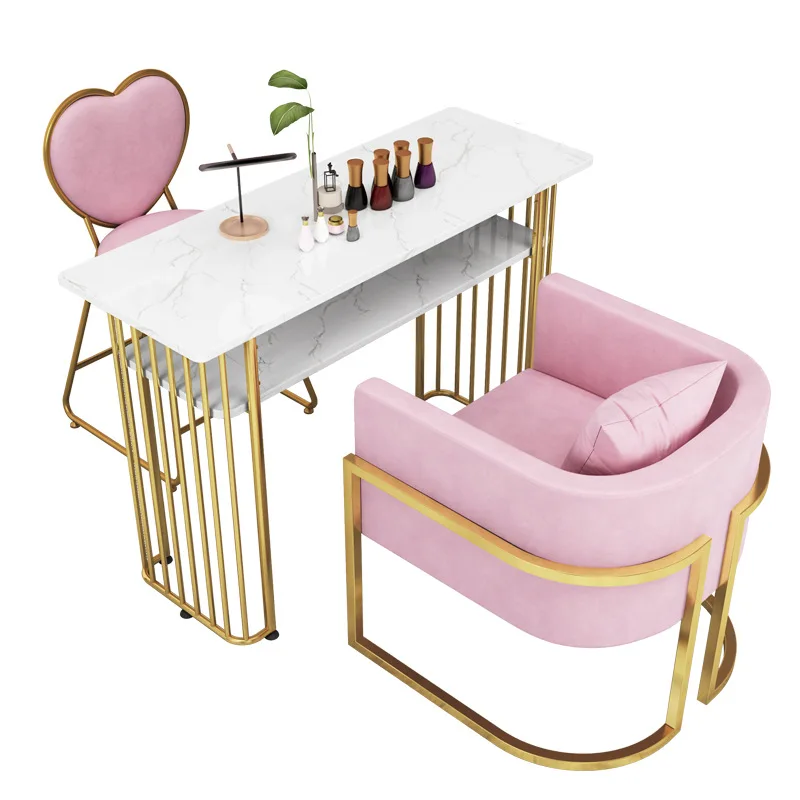 Luxury Modern Nail Salon Furniture Set with Gold Manicure Table & Chairs Professional Marble Top Beauty Nail Professional