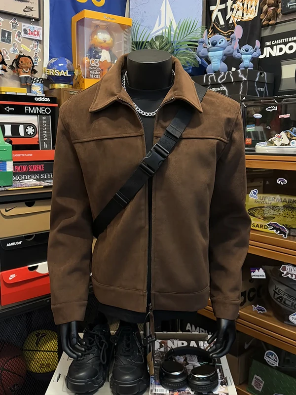 

Мужская замшевая куртка в мотоциклетном стиле, кофейного цвета, с улучшенной защитой плеч, повседневная, ветрозащитная, на молнии, с длинными рукавами