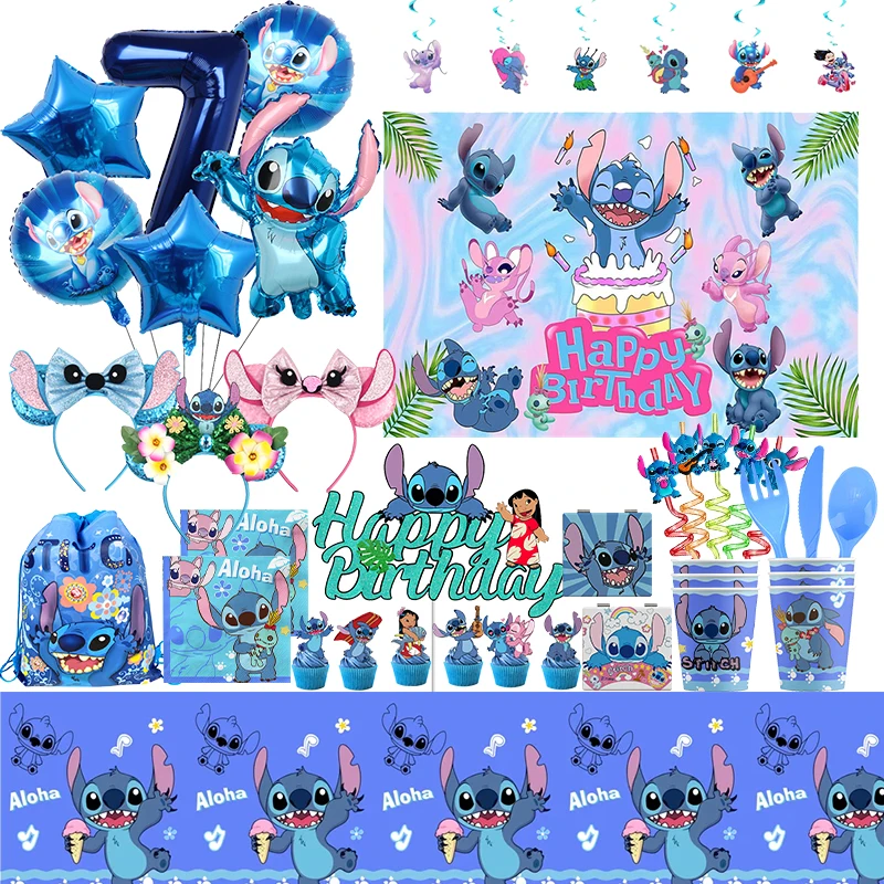 Disney Stitch Birthday Decorations Aluminum Film Balloon Kids Party Supplies Disposables Tableware Plates Napkins Cups Tableclot