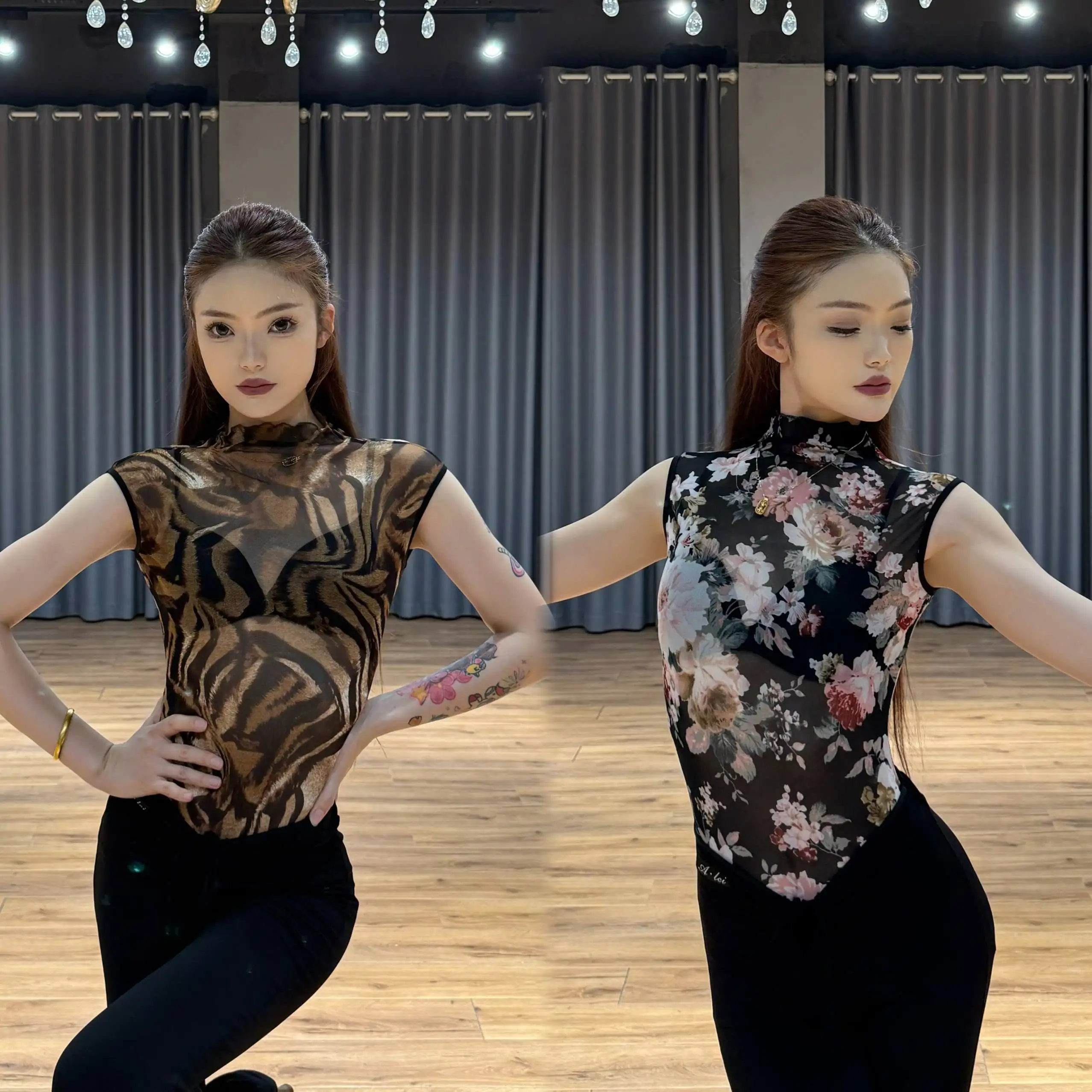

2025 Women Latin Dance Top Print Sleeveless High Neck Jumpsuit Practice Clothes Female Samba Chacha Latin Dance Tops DN21019