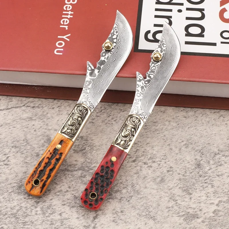 13.5cm Damascus Steel Small Fixed Blade Knife Natural Cowbone Handle Outdoor Camping Survival Tool New Collection Knifes For Men