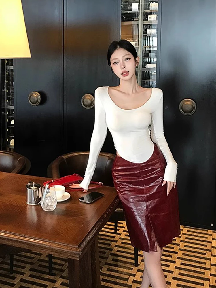 REDDACHiC Sexy Women Leather Bodycon Skirt Top Set Long Sleeves T-shirt High Rise Split Long Sheath Skirt Work Casual Clothes