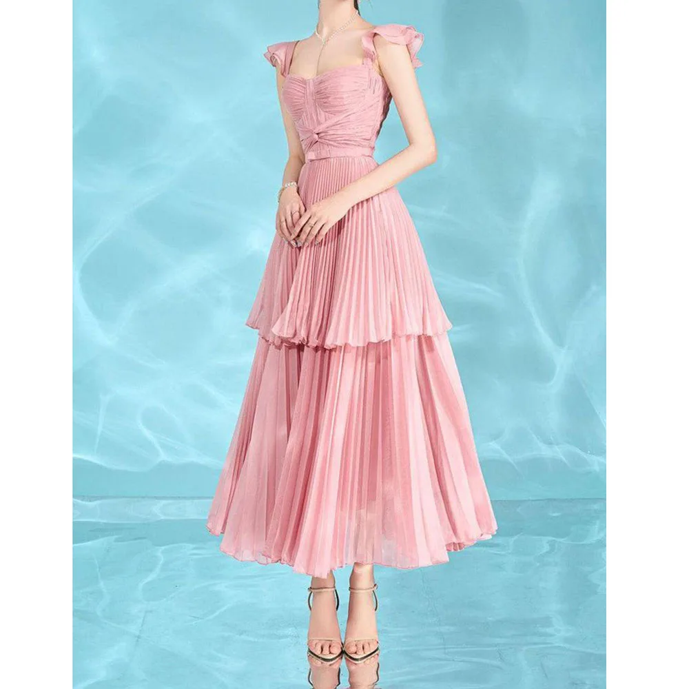 Elegant Pink Women Prom Dresses Sweetheart Spaghetti Strap A-Line Tea Length Youthful High Quality Sweet Youthful Party Gowns