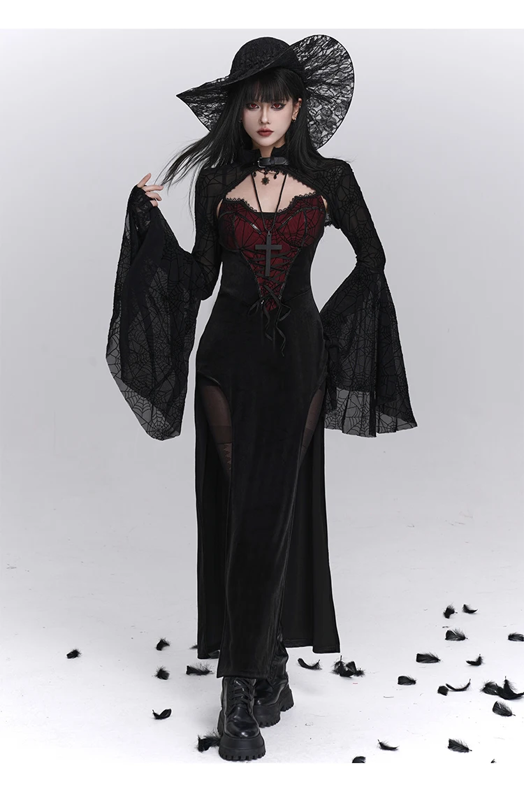 Estilo gótico sexy conjunto de roupa de halloween preto manga longa colete sem mangas rendas fino ajuste bodycon split cinta vestido feminino