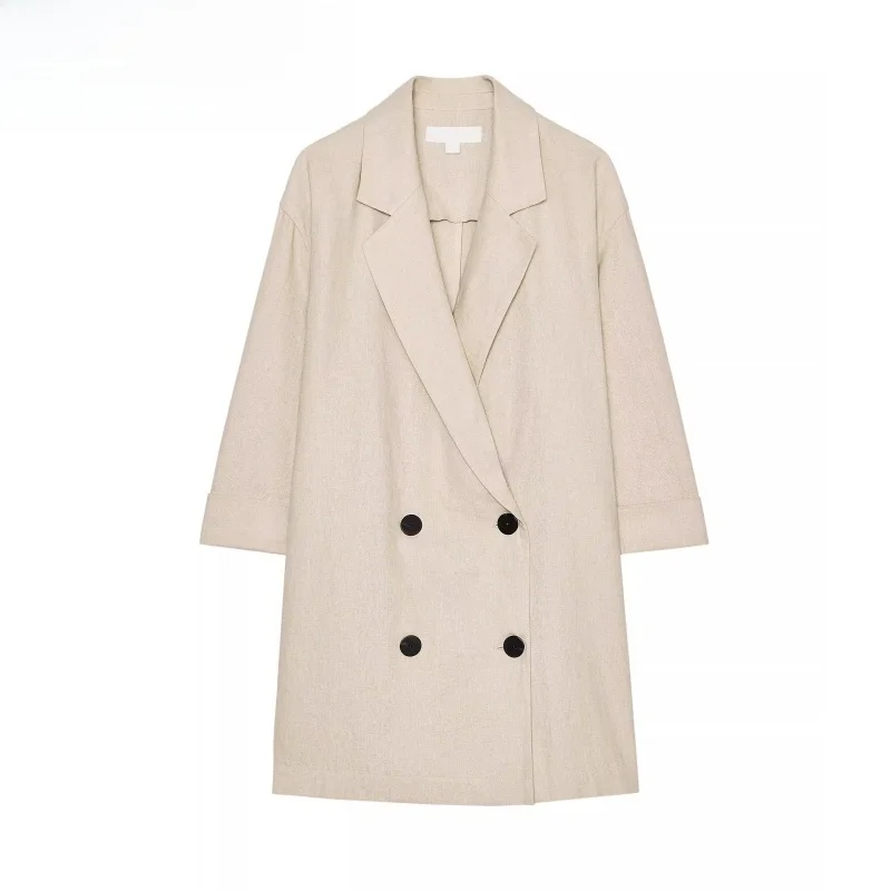 

New Summer Women's Linen Double-Breasted Long Sve Turn-down Collar Suit Jaet Long Pants Commute Sle Regular Sve Length