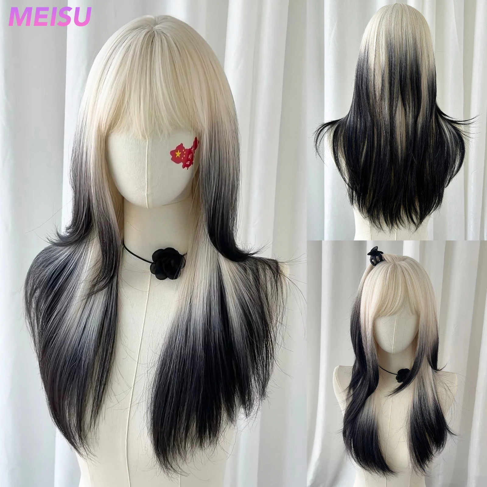 MEISU Straight Wig Black Blue Air Bangs 24 Inch Fiber Synthetic Wig Heat-resistant Natural Party or Selfie For Women Daily Use