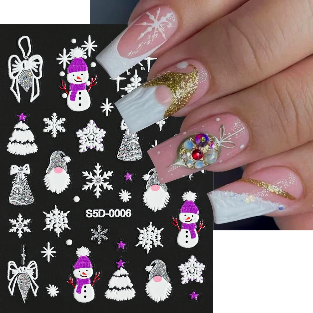 1pc Christmas Nail Sticker 5D Silver Glitter Snowflake Elk Penguin Bells Adhesive Nail Sliders Decals Winter Manicure Decoration