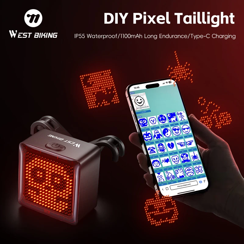 WEST BIKING Creative DIY Pixel Taillight IP55 Waterproof Type-C Charging Bicycle Rear Light 1100mAh Team Cycling Warning Light