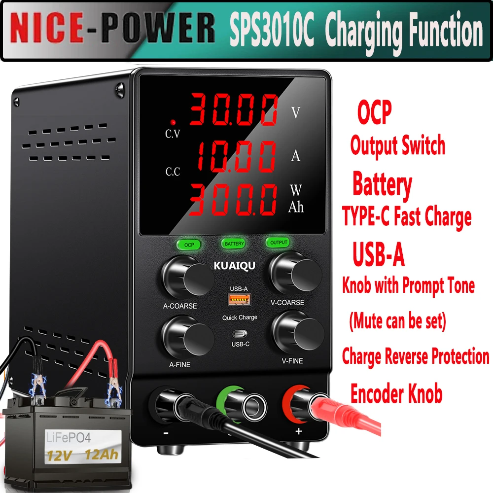 

Dc Regulated Power Supply 30V10A Battery Charging Button OCP Output Switch Buzzer Encoder Support Fast Charging Optional