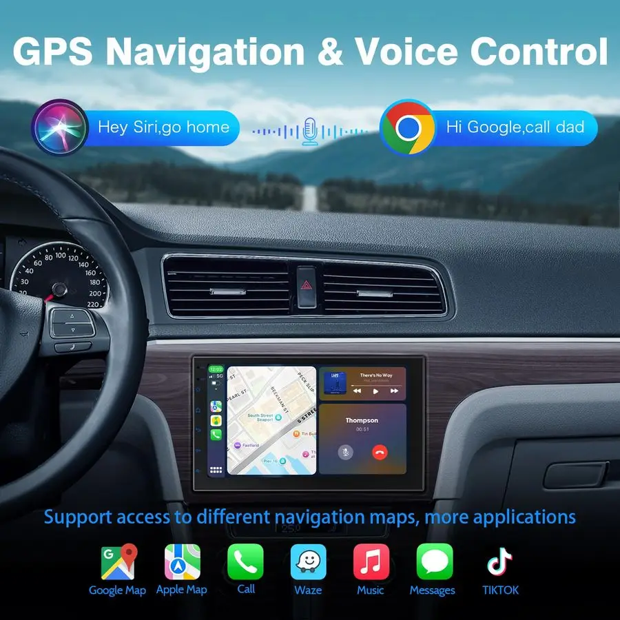 Беспроводной экран CarPlay Din для автомобиля, сенсорный экран 7 HD с Apple CarPlay, Android Auto, GPS-навигацией, Bluetooth, голосовым управлением