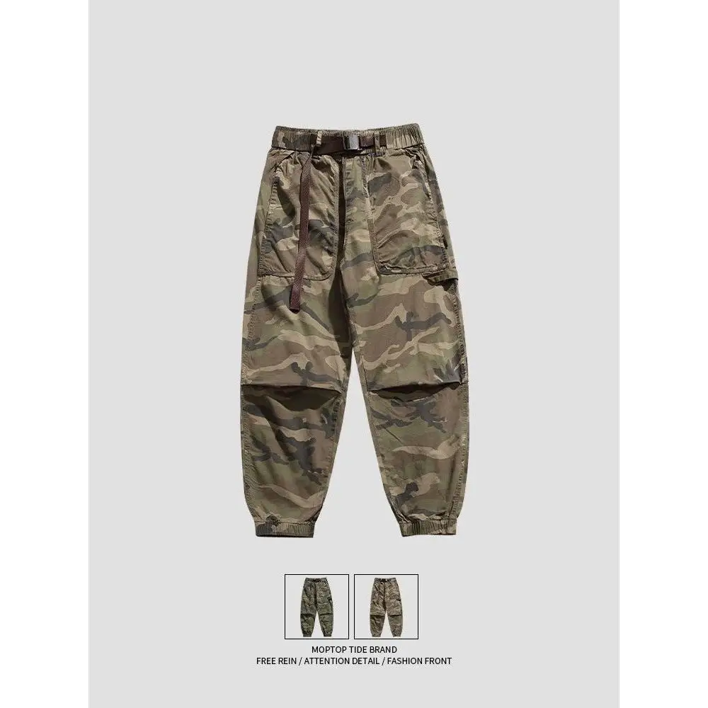 Fall Thin American Retro Camouflage Workwear Loose Casual Pants Men's Style Loose Fit Trousers Polyester Fiber Elastic Waist