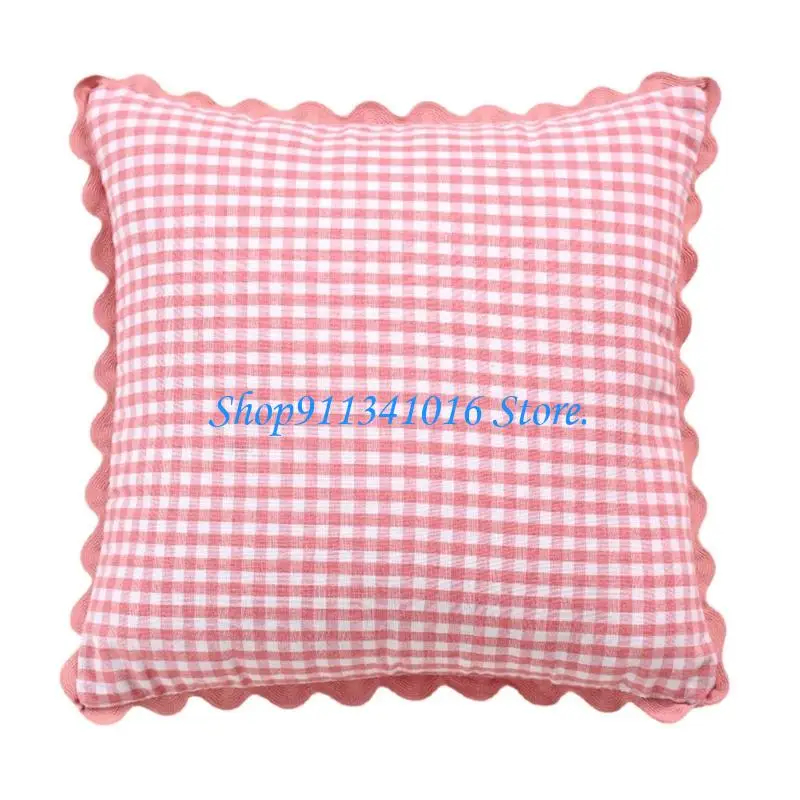  Gingham Pillow Cover with Scalloped Trim for Sofa and Chair Back