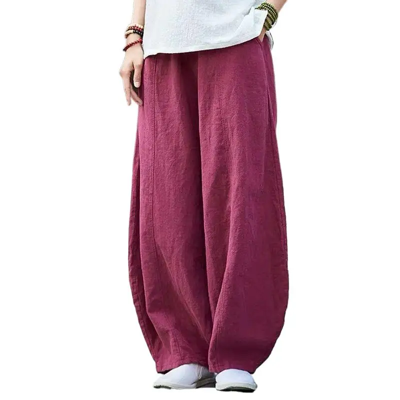  Plus size Autunm Casual Cotton Linen Pants Women 2024 Spring Summer Elastic Waist Basic Retro Loose Women' Harem Pants Trousers