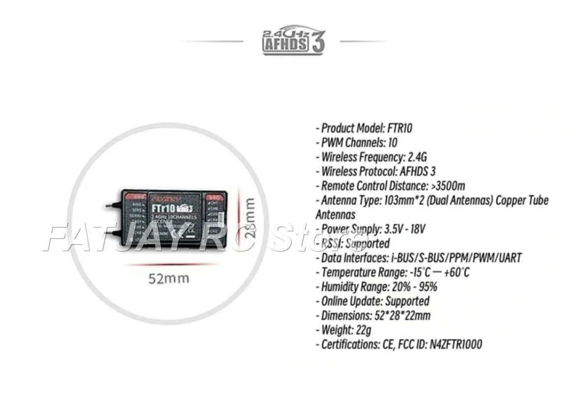 10-Channel Dual-way Waterproof Receiver FATJAY FLYSKY FTr10 PPM/IBUS/SBUS Output for PL18 NB4 RC Aircraft Boats