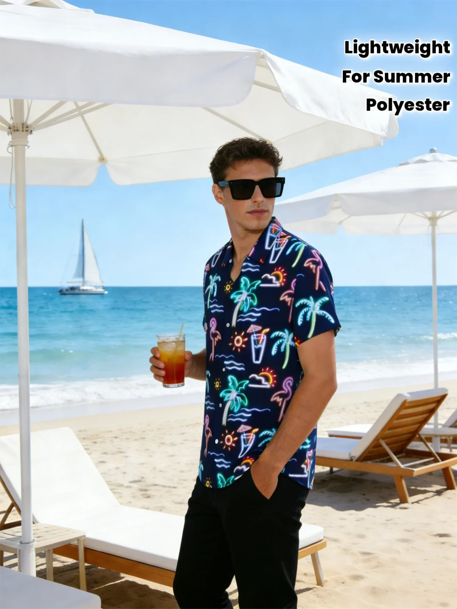 Elegant Mini Blue Floral Pattern Men Short Sleeve Hawaiian Shirts Lapel Lightweight Beach Party Wear