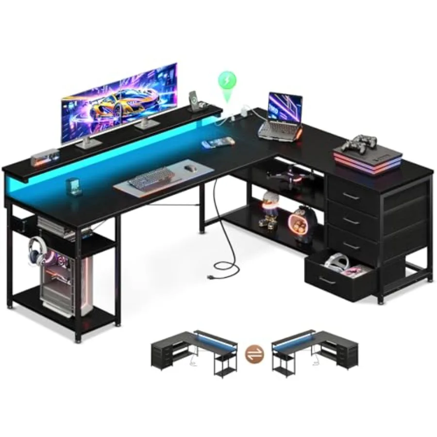 

Угловой компьютерный стол L-образной формы 61 дюйм с выдвижным ящиком, розетками и LED-подсветкой, реверсивный, для домашнего офиса и игр