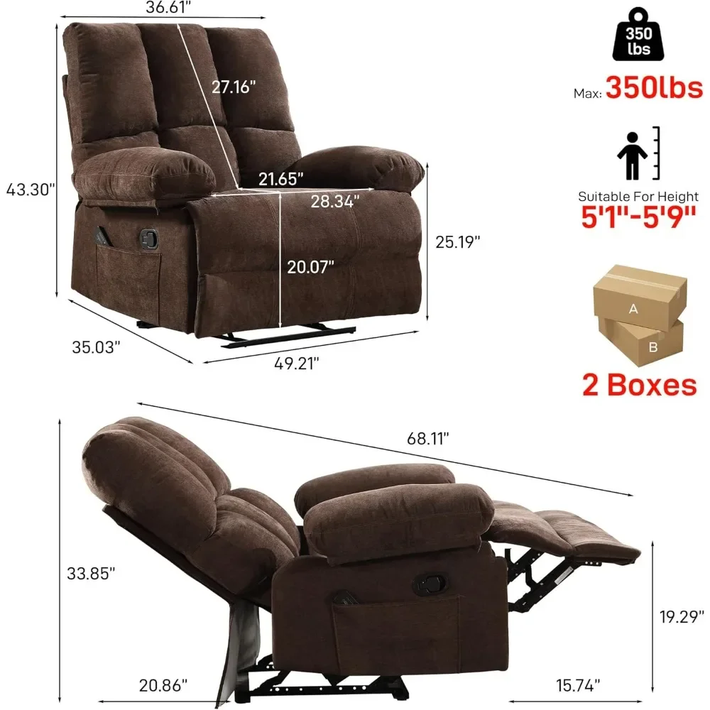 350 lb Weight Capacity, Plus Size 28 inch Large Wide Seat Manual Comfortable Fabric Recliner for Adults Living Room