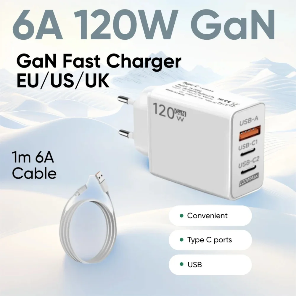 

Быстрое зарядное устройство QC3.0 PD, 120 Вт, высокоскоростное зарядное устройство USB Type C с комплектом кабелей 6 А, быстрое дорожное зарядное устройство для мобильного телефона для Xiaomi