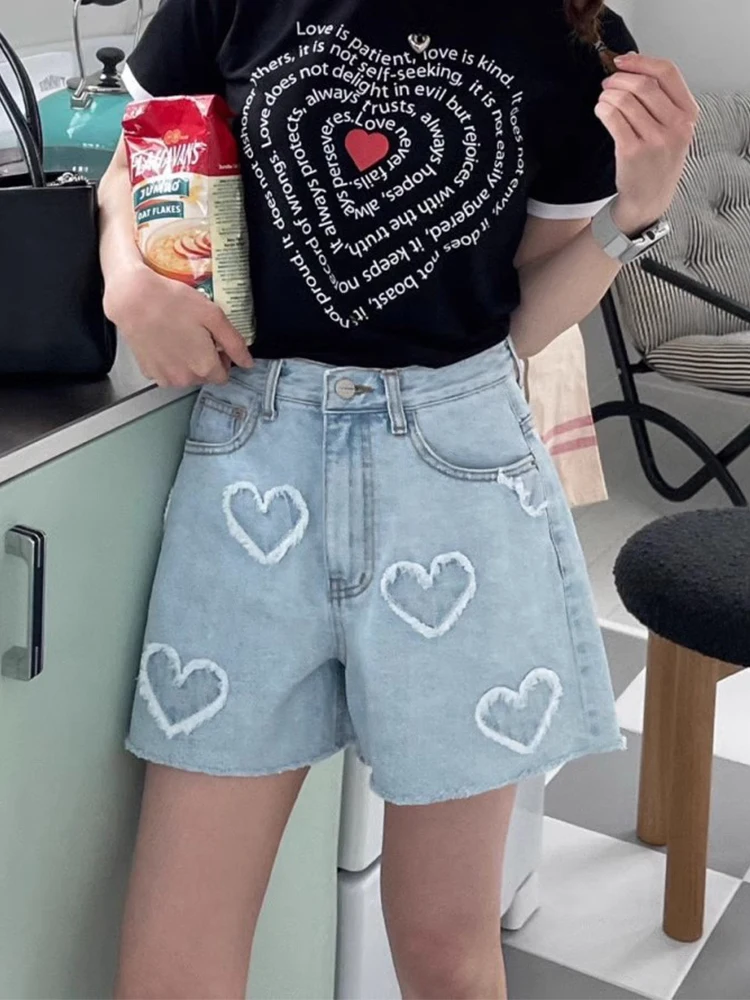 

Summer New Chic High Waist Denim orts Women's Heart Patchwork Frayed Hemline Slimming Hot Pants Blue Jeans Casual orts