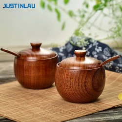 JUSTINLAU Wooden Salt Shaker Vintage Seasoning Jar with Lid Salt Cellar Sugar Spice Jar Chili Seasoning Container Jars Salt Box