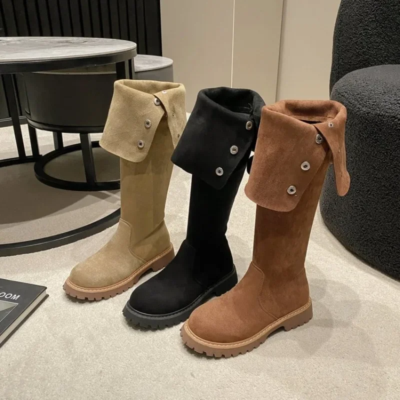 2024 New Vintage Brown Two Wear Western Boots Autumn and Winter Suede High Sleeve Boots Thick Heel Over Knee Long Boots Women