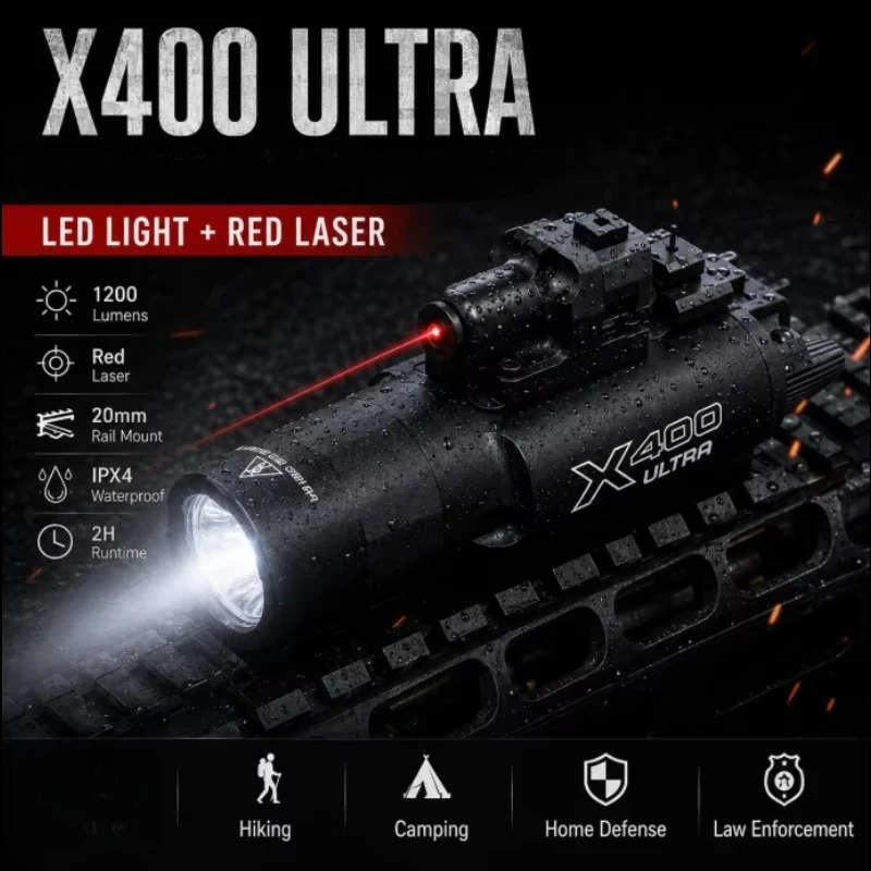 X400 Multi-mode Rail Mount Flashlight Portable Hand Held Lamp with Auxiliary Light Source Outdoor Camping Backpack Gear
