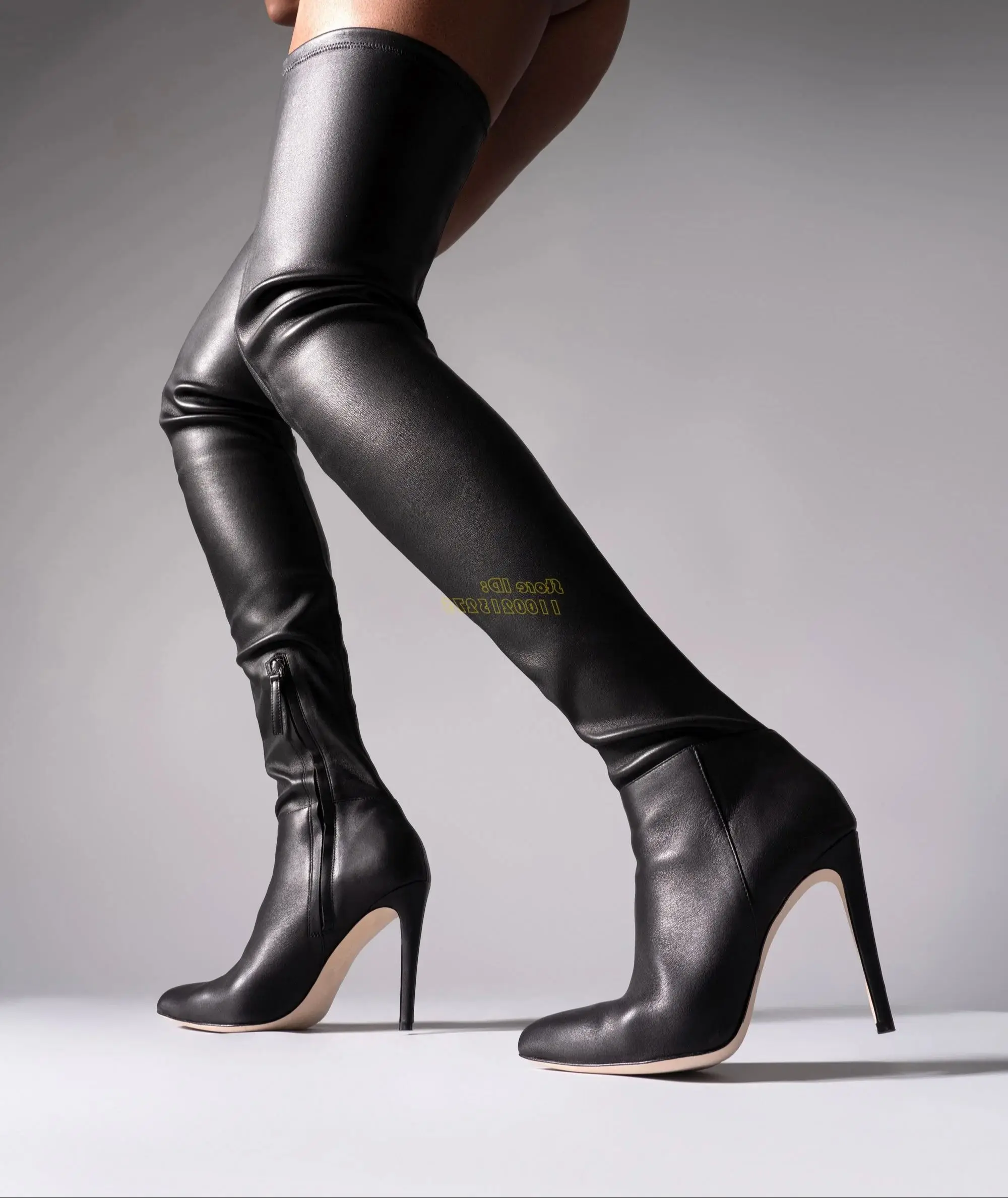 

Stretch Black Matte Leather Boots Stiletto Thin High Heel Runway Solid Fashion 2024 Round Toe Over The Knee Dress Boots