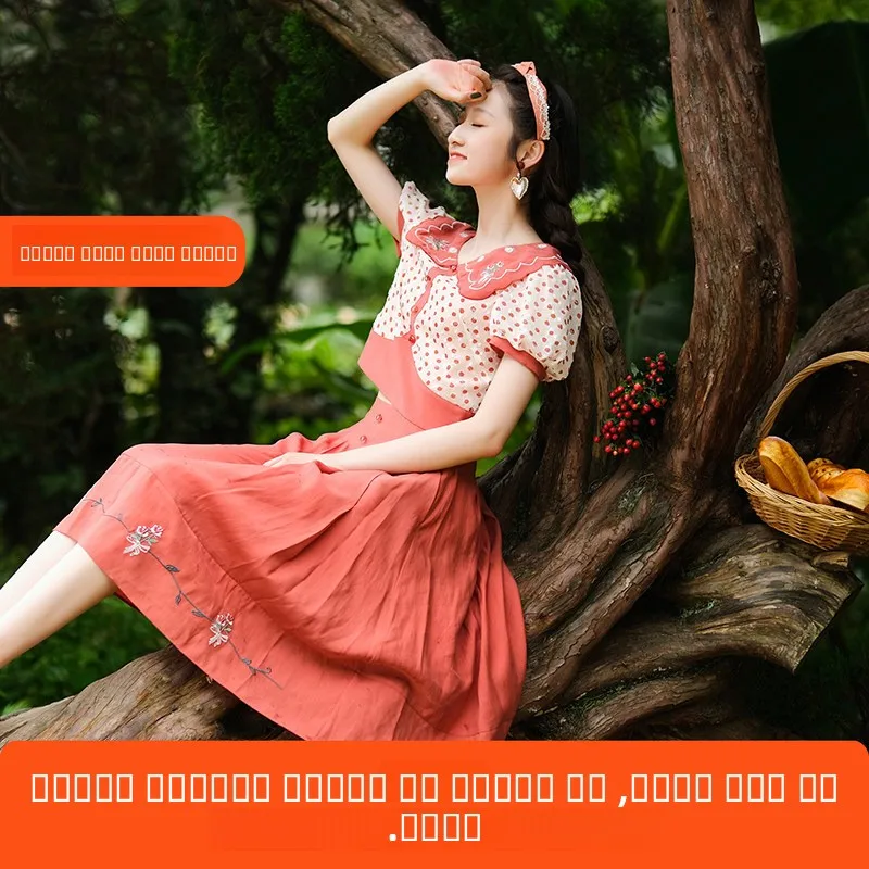 

Faionable Summer Evening Gingham Doll Collar Loose Set Countryside Sle Original Sweet Polka Dot irt And Pants Ensemble