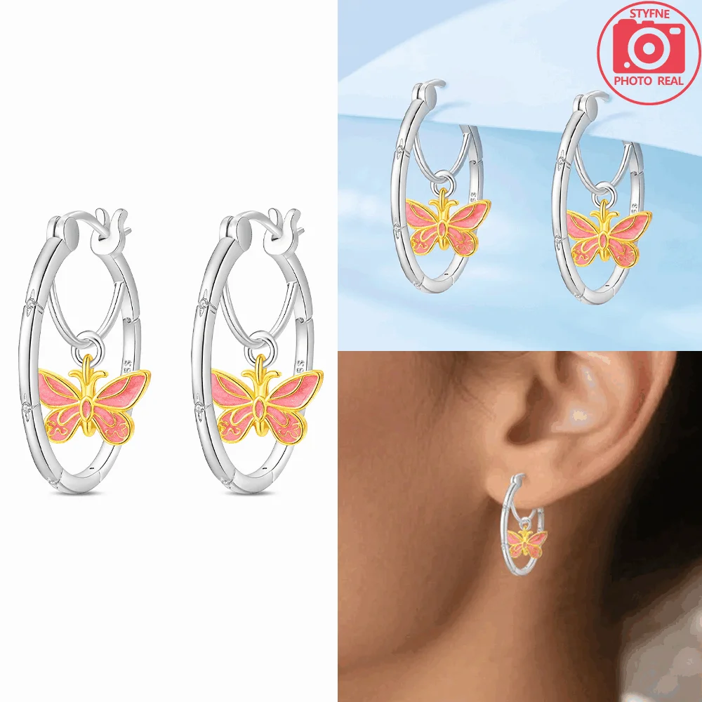 

925 Sterling Silver Pink Butterfly Drop Earrings Two Tone Hoop Hoop Earrings for Women Jewelry Wedding Engagement Gift