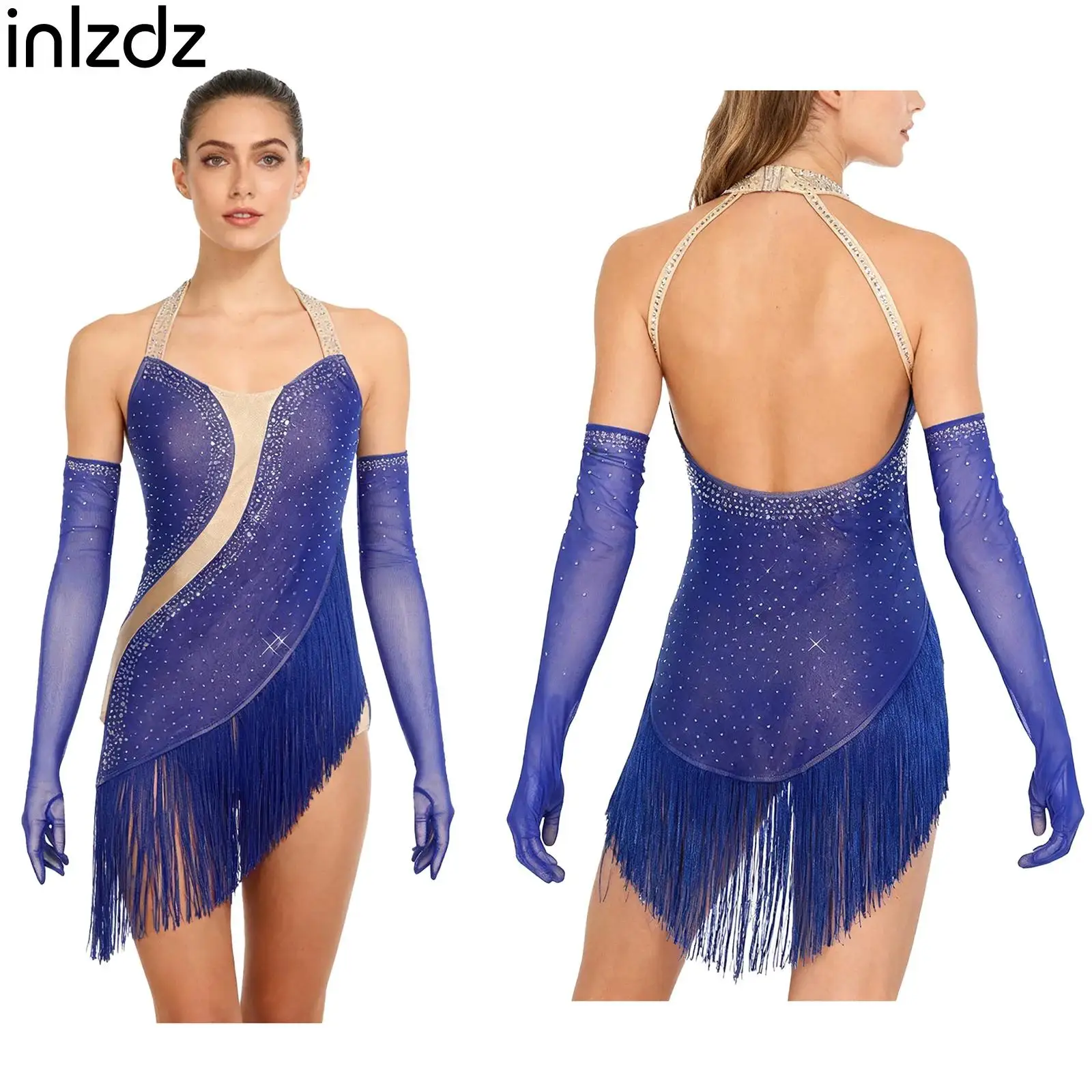 Damski strój konkursowy do tańca latynoamerykańskiego, tango, cha-cha, z dżetami i frędzlami, body do łyżwiarstwa figurowego + zestaw rękawiczek, strój do występów tanecznych