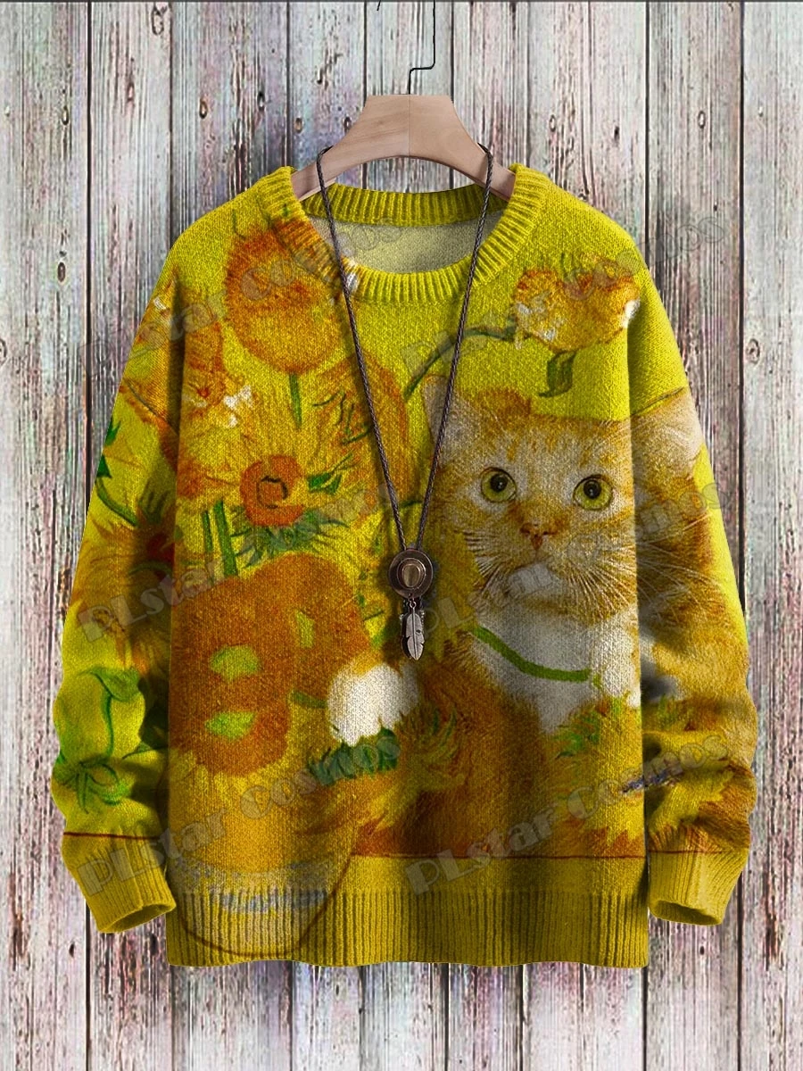 Black Cat & Funny Cat Sunflower Art Pattern 3D Printed Men\'s Knitted Pullover Winter Unisex Casual Knit Pullover Sweater ZZM41