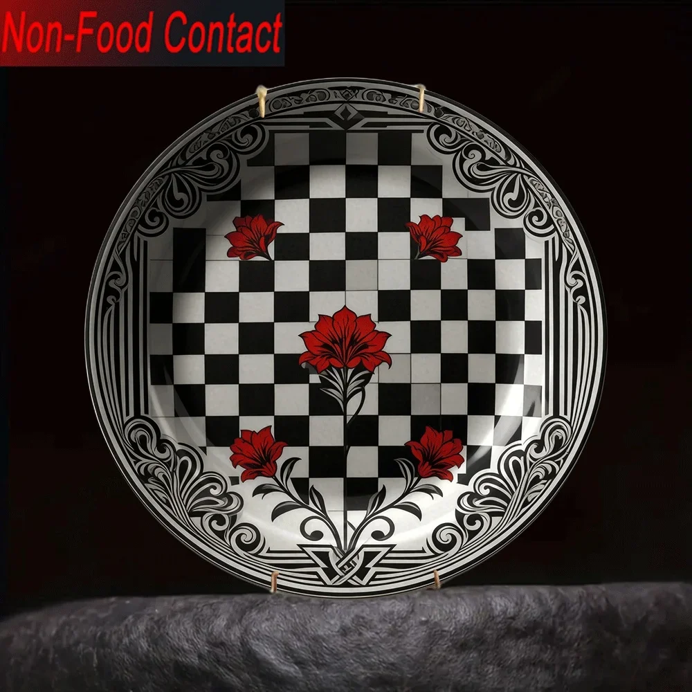 1pc Ceramic Decorative Plate - Black & White Checkered with Red Floral Border, Round Non-Food Contact Dish for Home Table