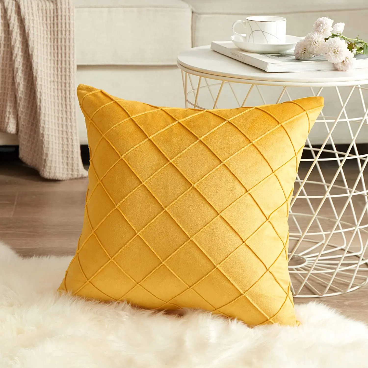Soft Yellow Plaid Cushion Cover for Sofa Pillowcase Living Room Decoration Hogar Funda Cojines De 45x45 Throw Pillow Cover Chic
