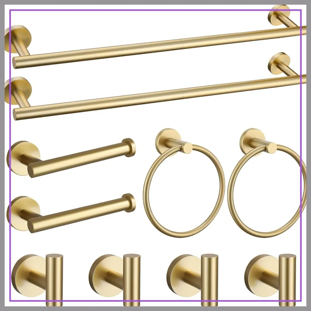 

23.6" Brushed Gold Towel Bar Set 10 Pieces Bathroom Hardware Accessories SUS304 Stainless Steel Wall Mounted